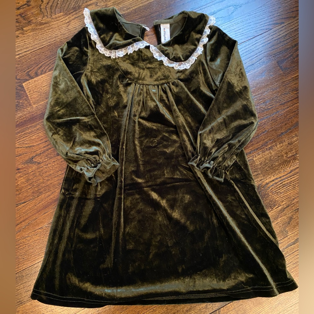 toddler girl holiday dress green velvet lace collar faux pearl button back 110cm